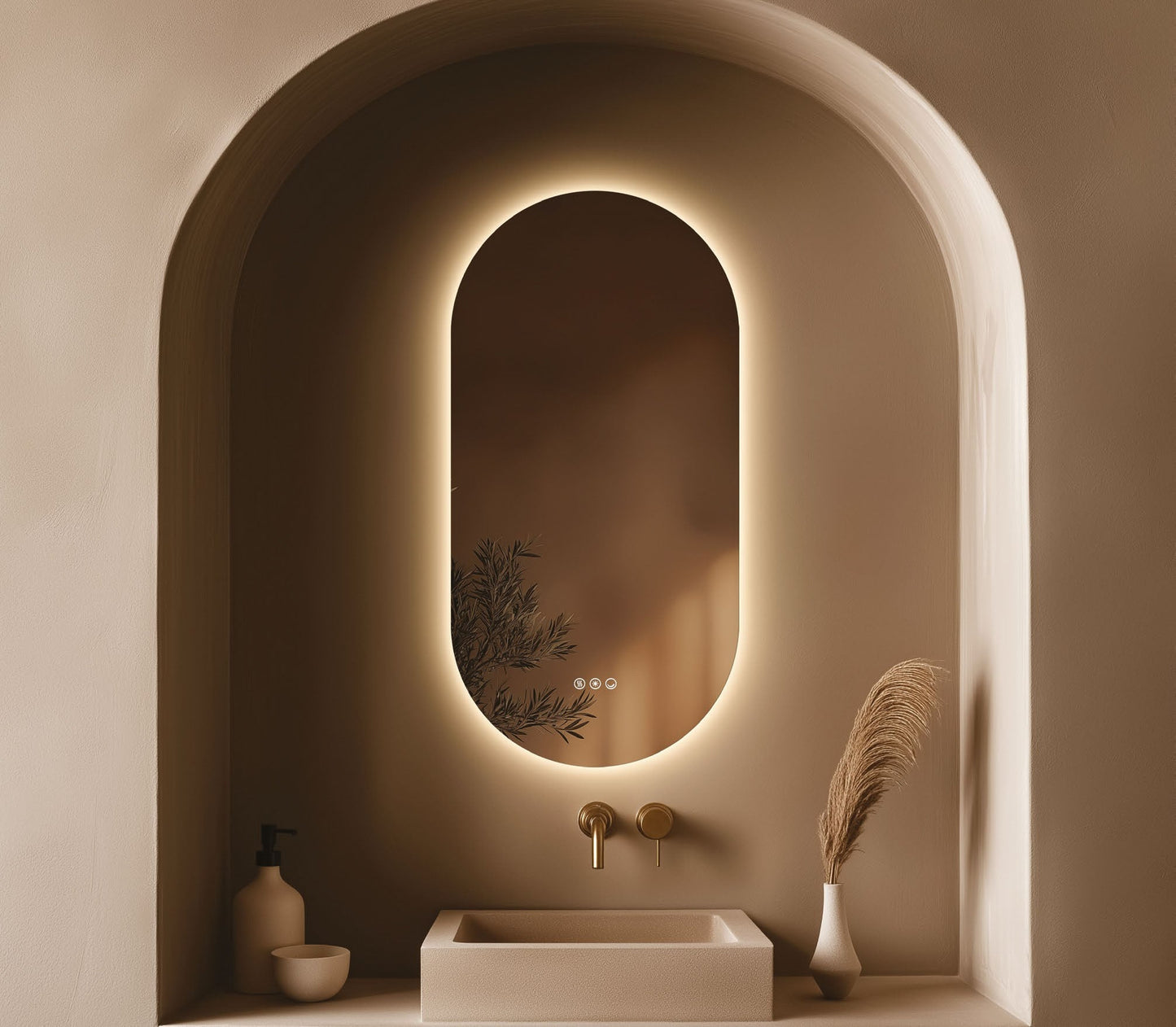 Origins Living Claris Capsule LED Mirror in a bathroom setting