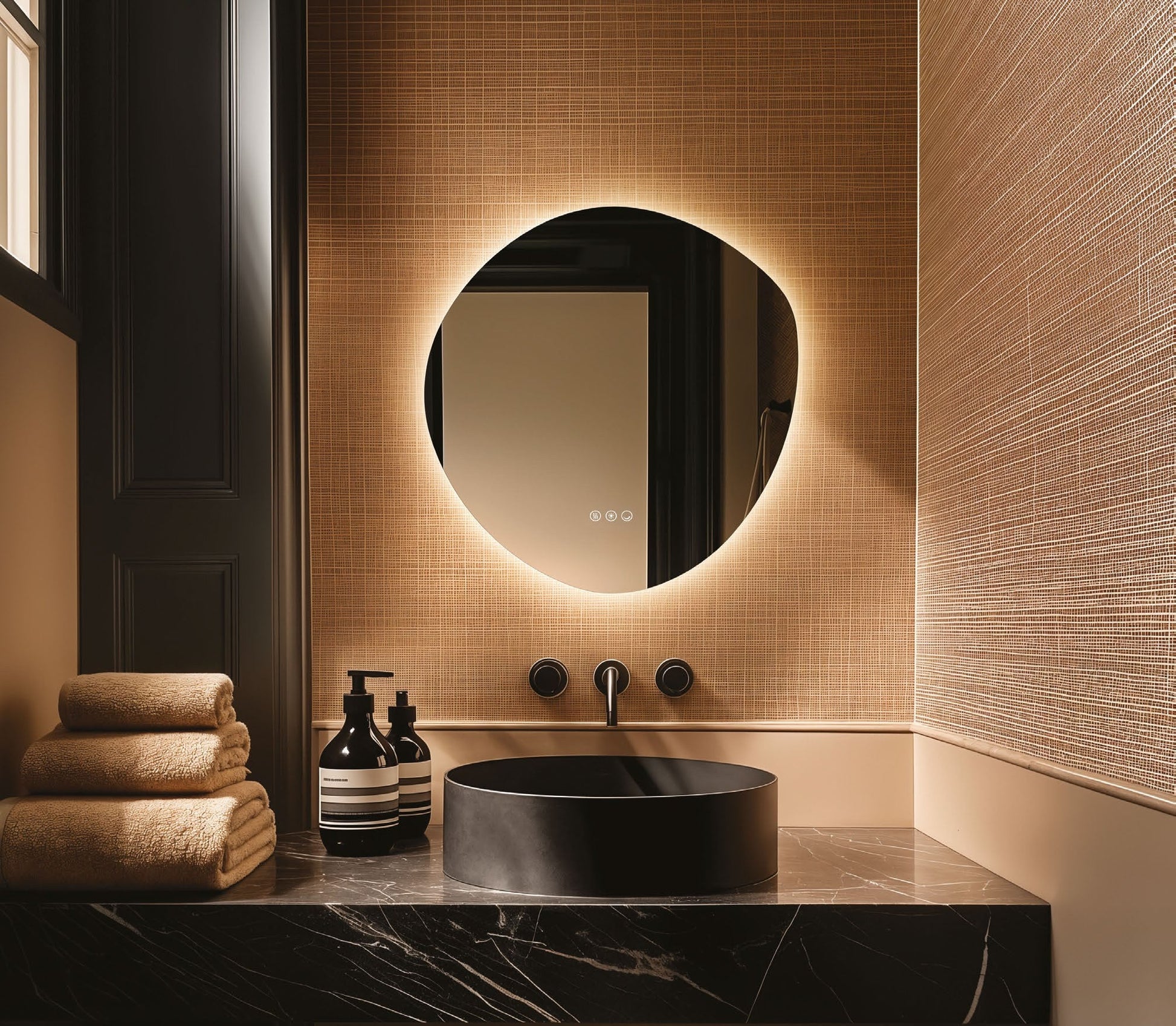 Origins Living Claris Organic 58 LED Mirror in a bathroom setting