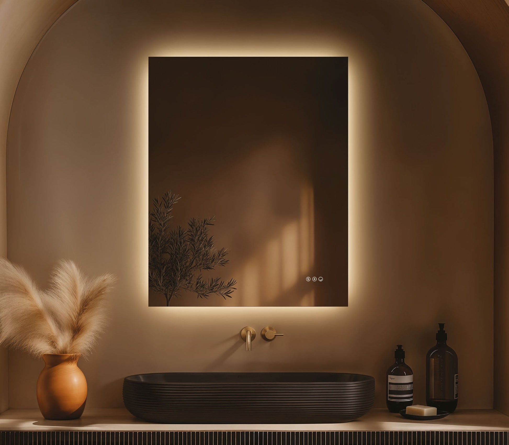 Origins Living Claris Rectangular LED Mirror in a bathroom setting