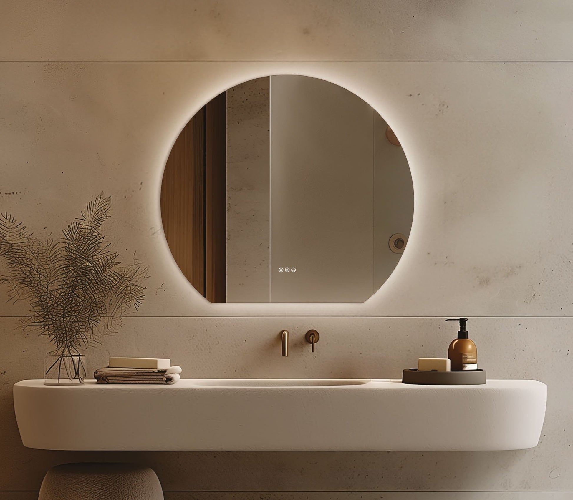 Origins Living Claris Round Cut LED Mirror in a bathroom setting