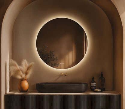 Origins Living Claris Round LED Mirror in a bathroom setting