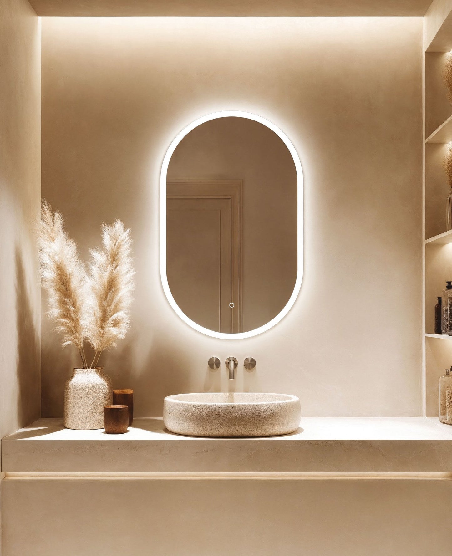 Origins Living Cleo Capsule LED Mirror in a bathroom setting