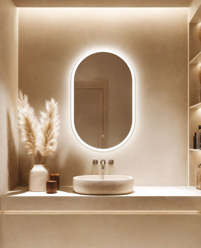 Origins Living Cleo Capsule LED Mirror in a bathroom setting