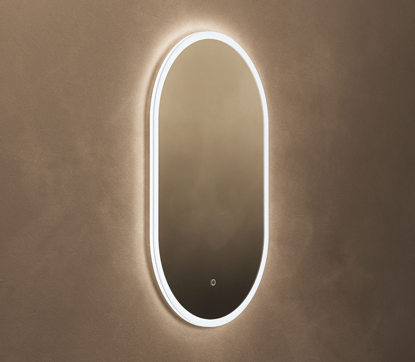 Origins Living Cleo Capsule LED Mirror in a bathroom setting