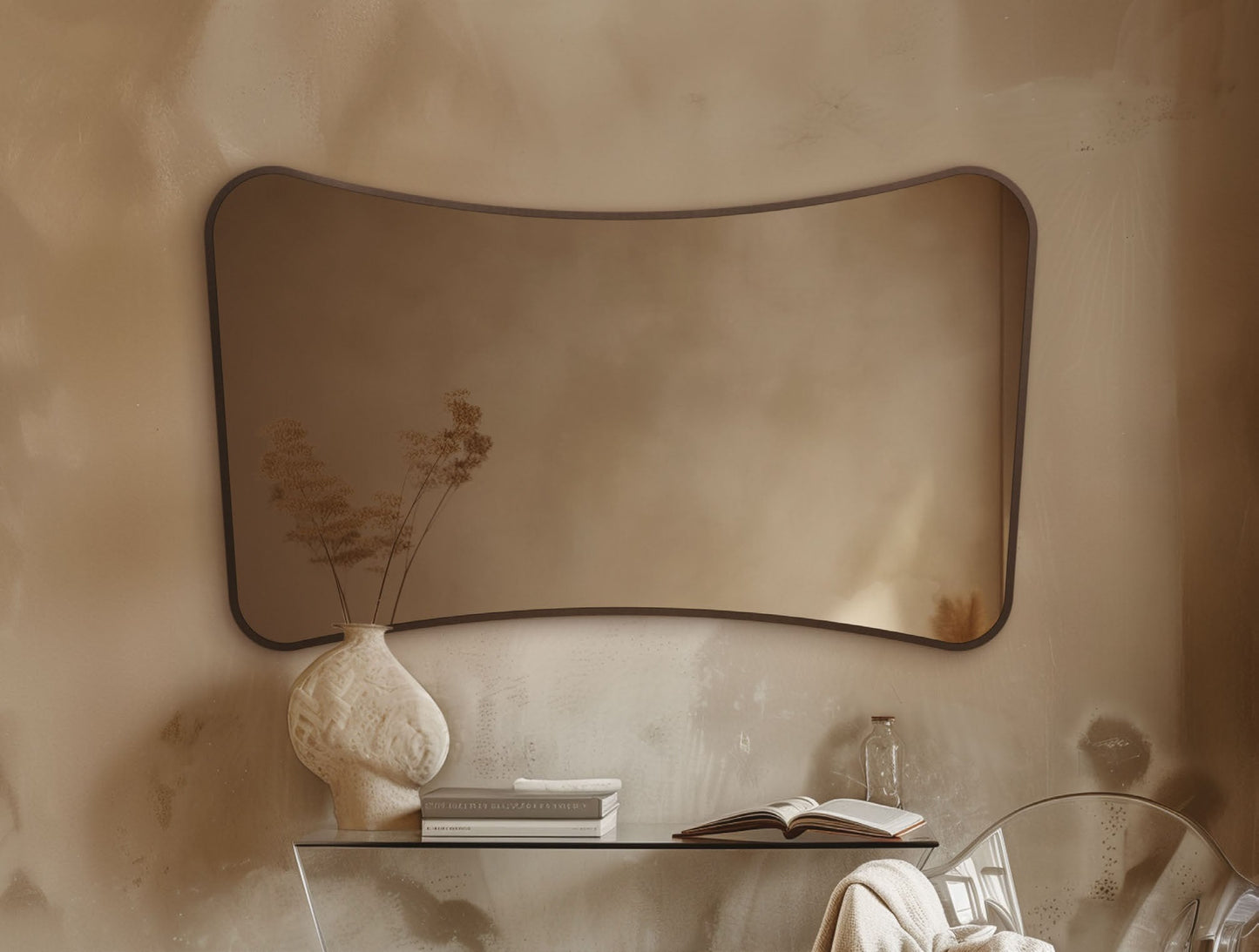 Origins Living Delphine Curve 120 Mirror in a bathroom setting