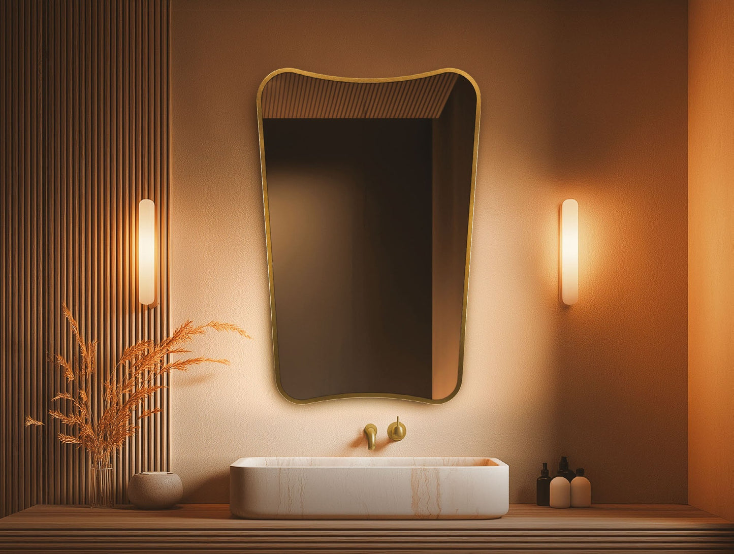 Origins Living Delphine Curve 60 Mirror in a bathroom setting