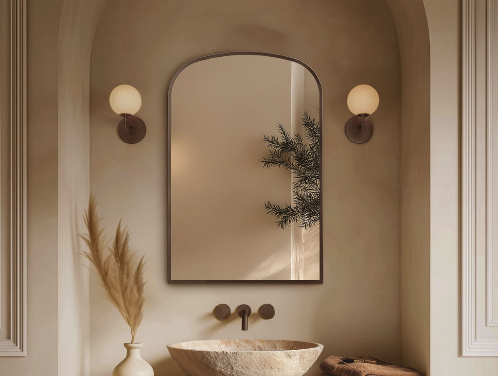 Origins Living Delphine Overmantel Arch 60 Mirror in a bathroom setting
