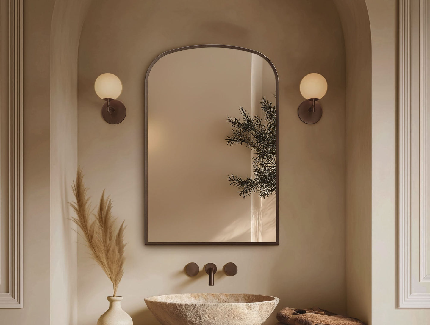Origins Living Delphine Overmantel Arch 60 Mirror in a bathroom setting