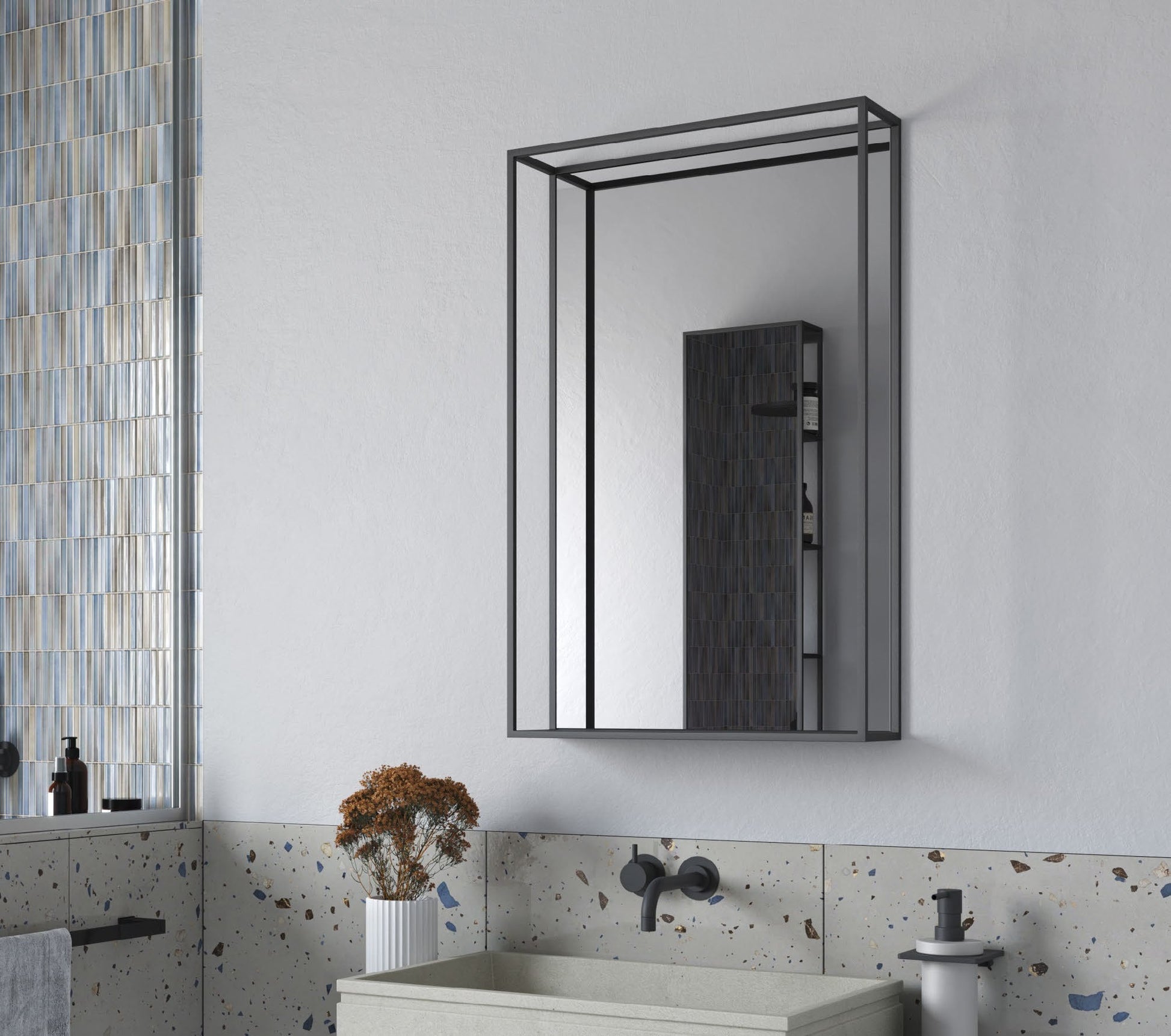 Origins Living Docklands Mirror with Shelf in a bathroom setting