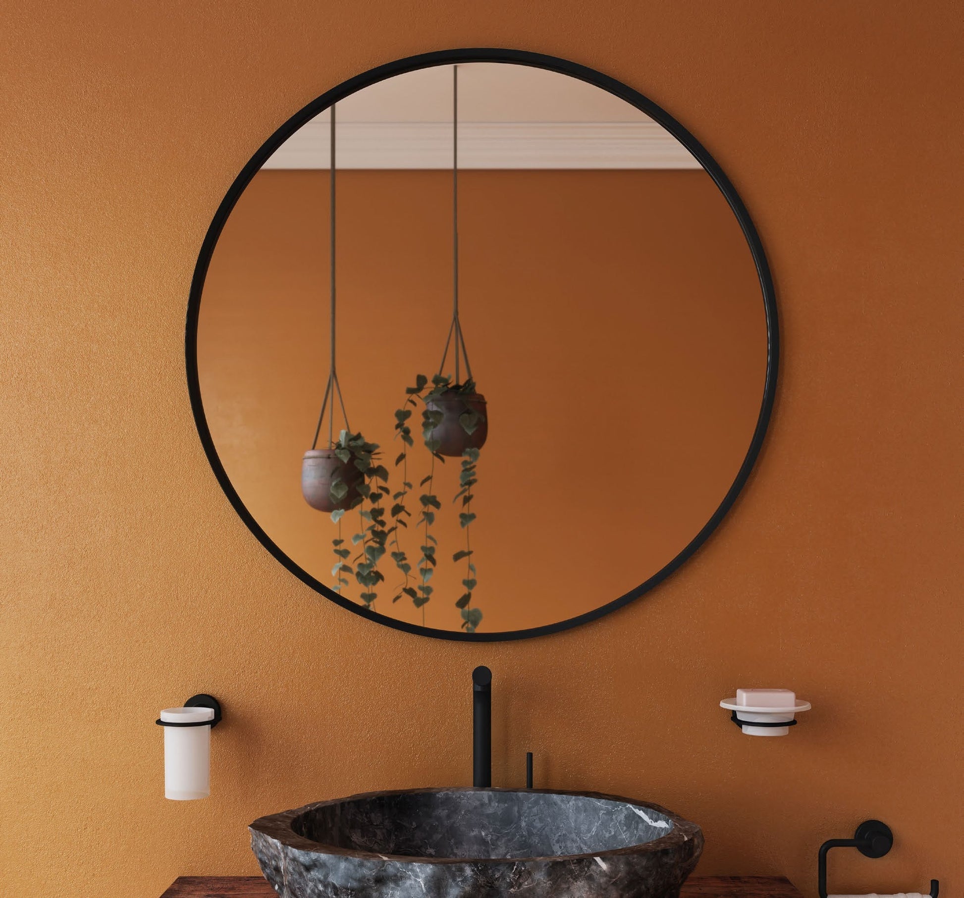 Origins Living Docklands Round Mirror in a bathroom setting