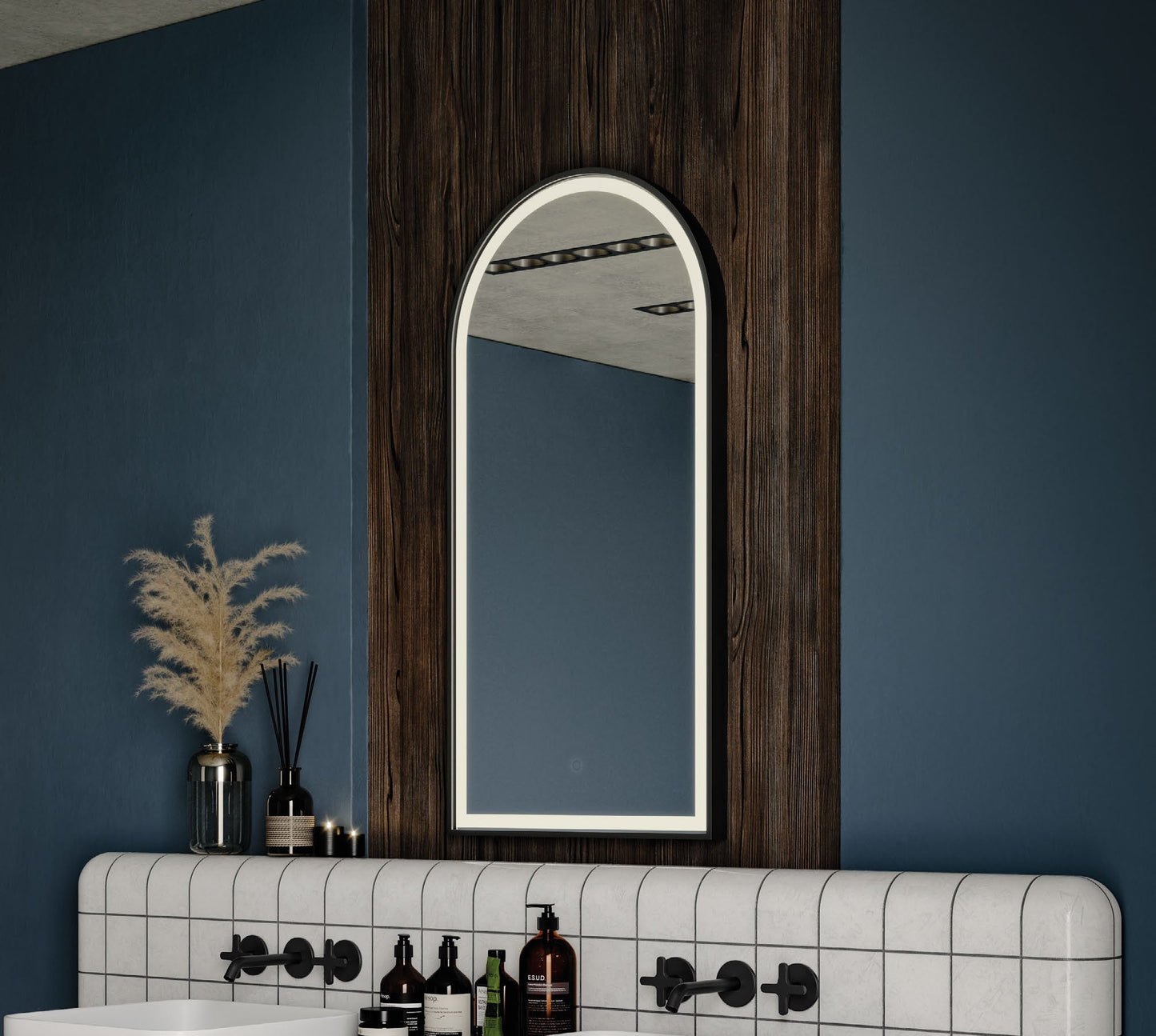 Origins Living Lomax Light Arch LED Mirror in a bathroom setting