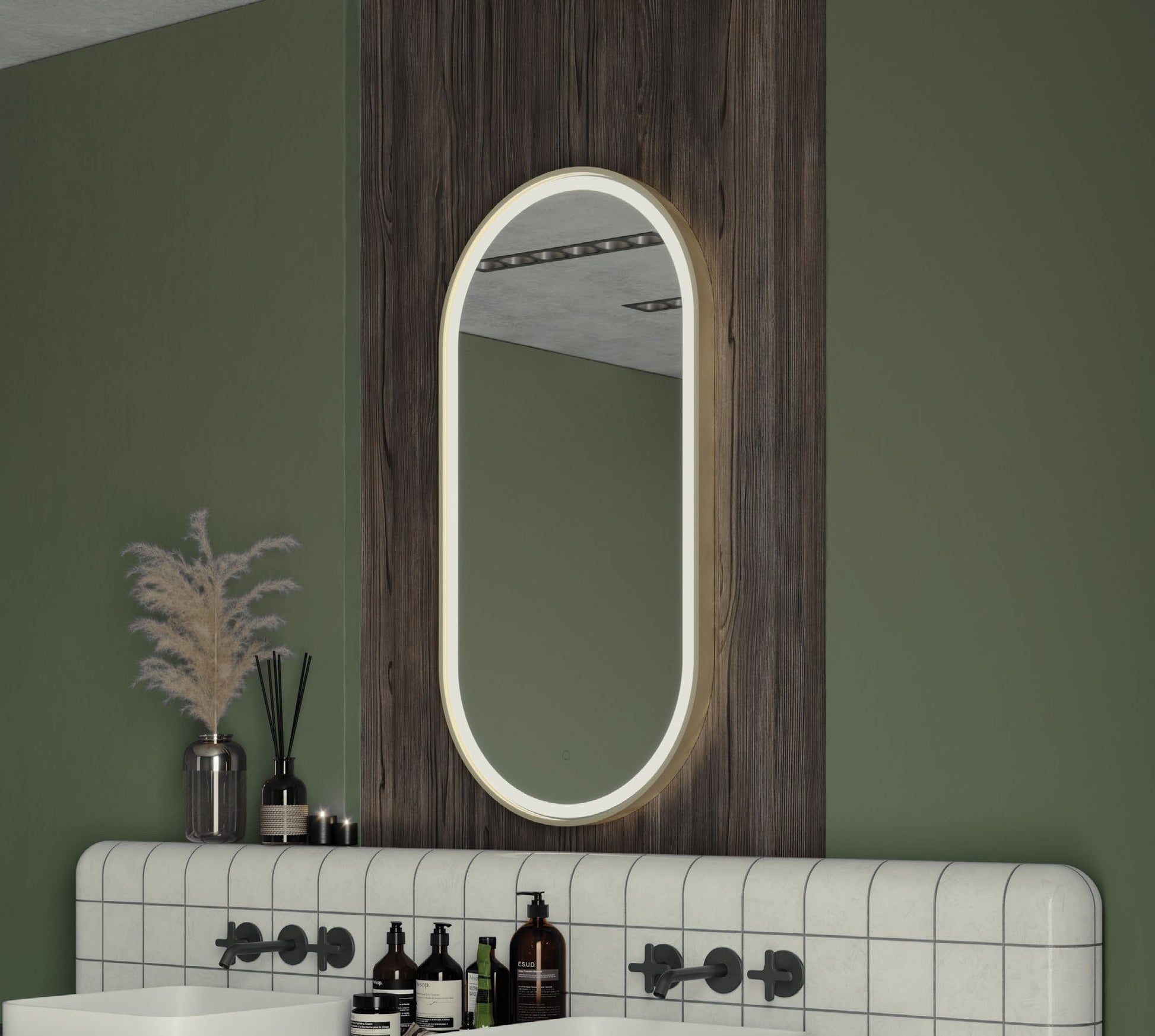 Origins Living Lomax Light Capsule LED Mirror in a bathroom setting