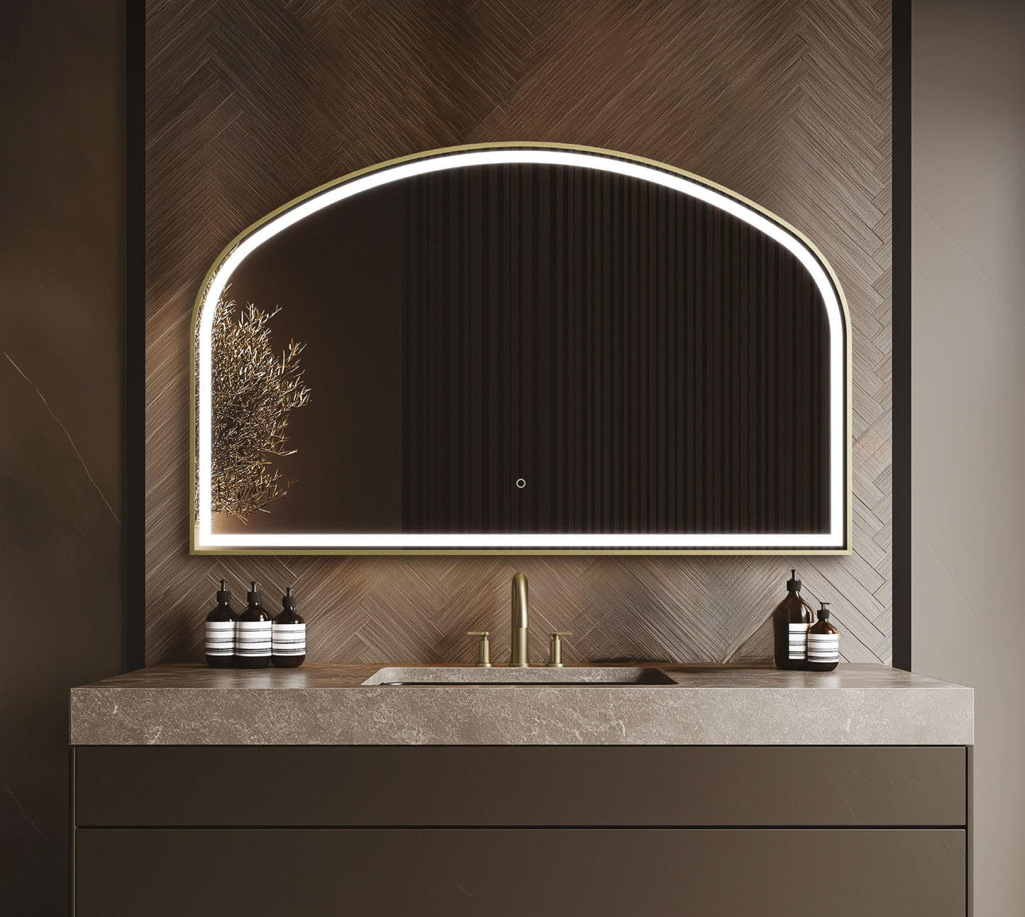 Origins Living Lomax Light Overmantel Arch LED Mirror in a bathroom setting
