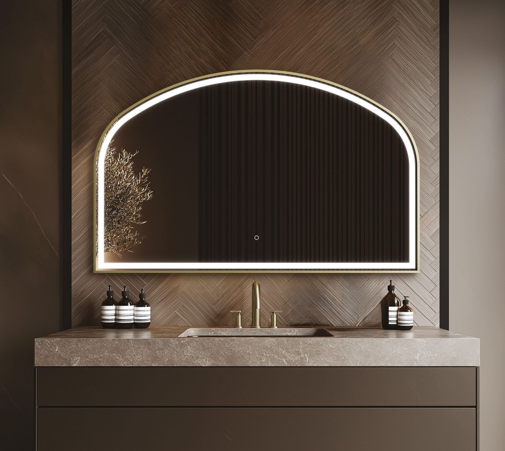 Origins Living Lomax Light Overmantel Arch LED Mirror in a bathroom setting