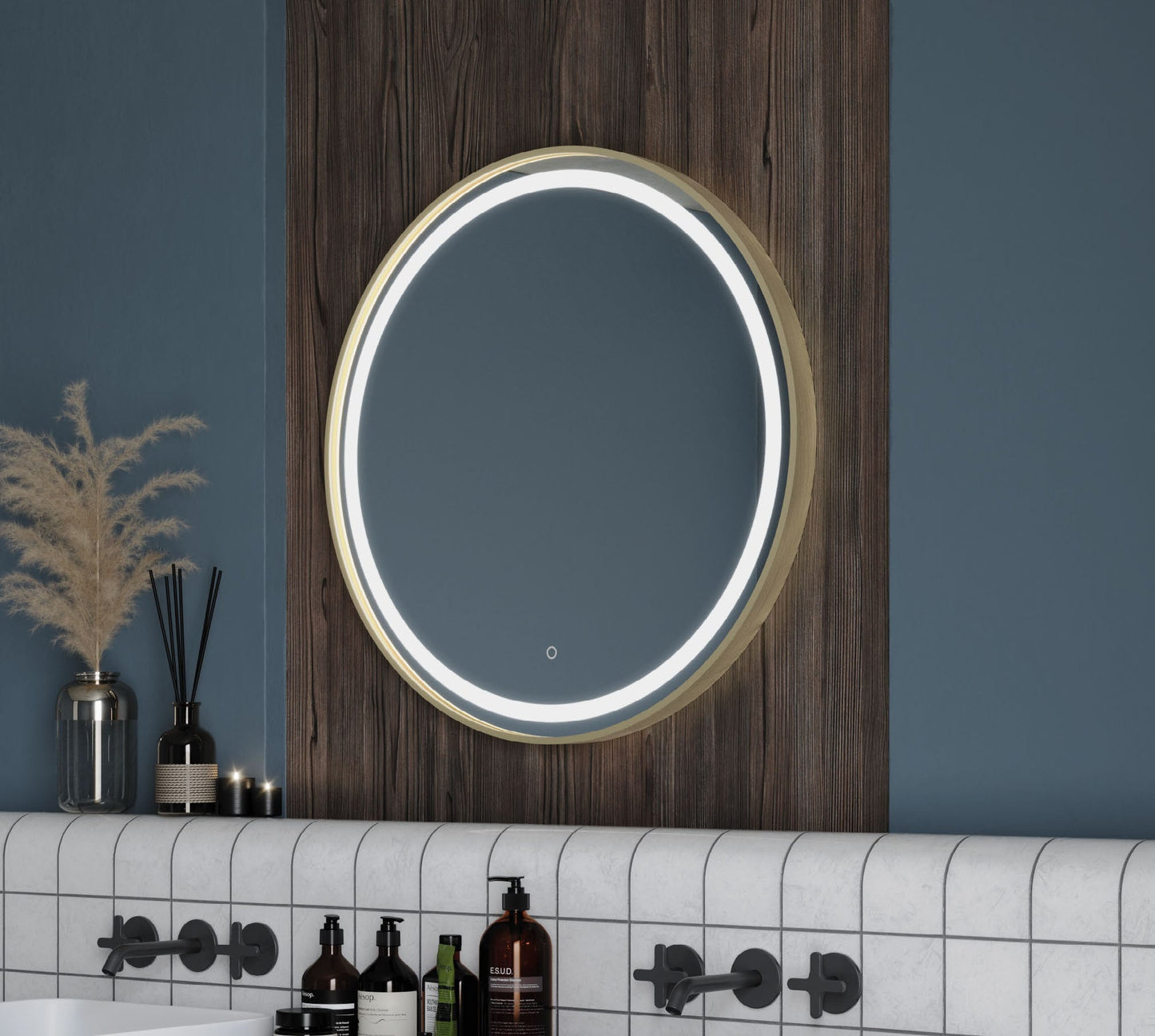 Origins Living Lomax Light Round LED Mirror in a bathroom setting
