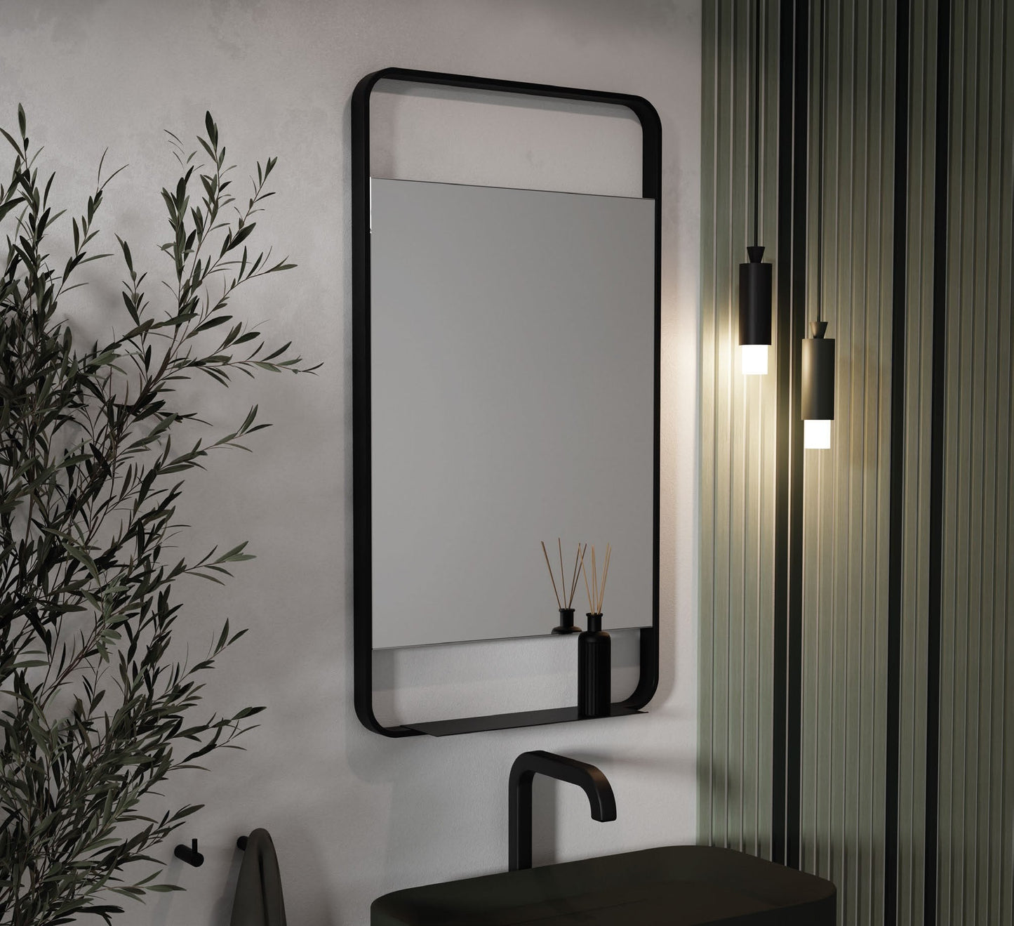 Origins Living Ludgate Mirror with Shelf in a bathroom setting