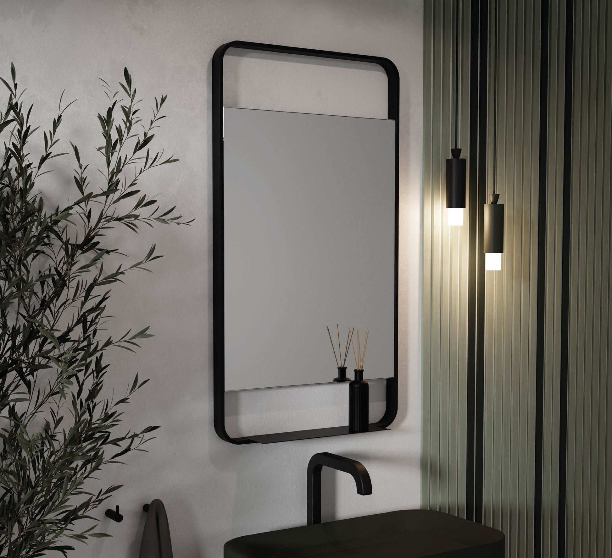 Origins Living Ludgate Mirror with Shelf in a bathroom setting