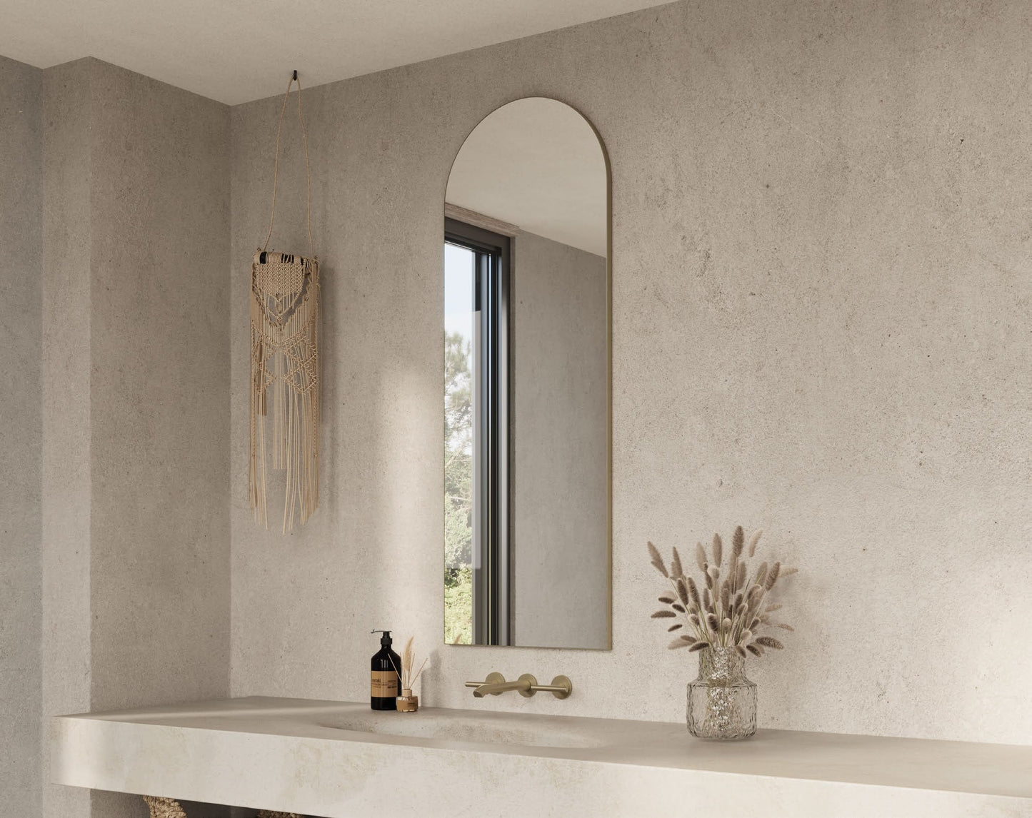 Origins Living Oslo Arch Mirror in a bathroom setting