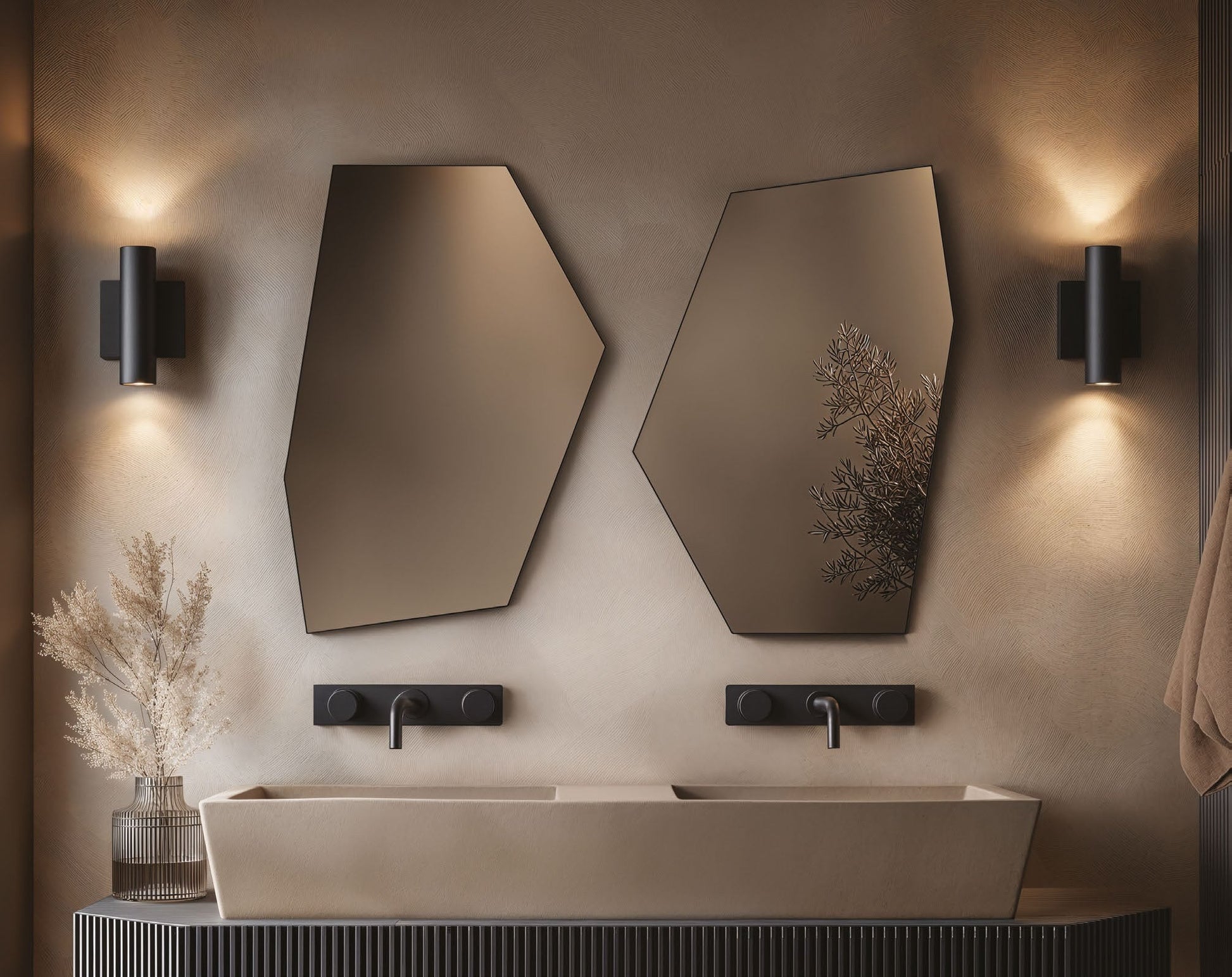 Origins Living Oslo Irregular Hexagon Mirror in a bathroom setting