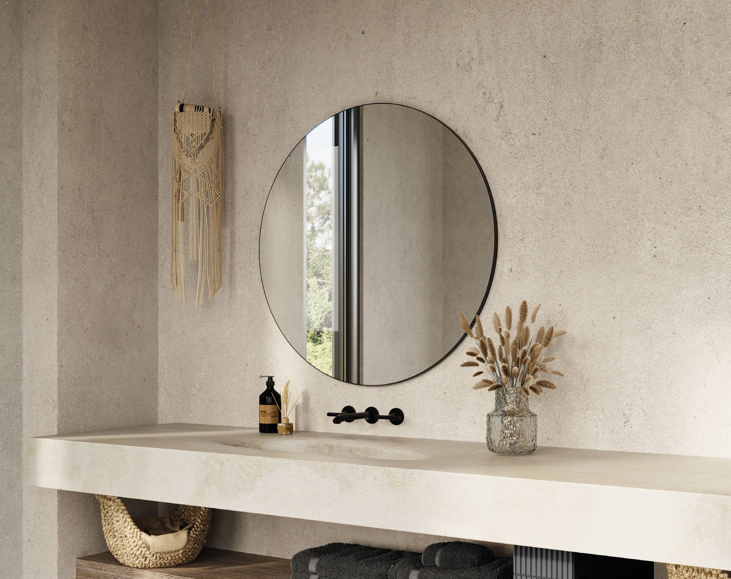 Origins Living Oslo Round Mirror in a bathroom setting
