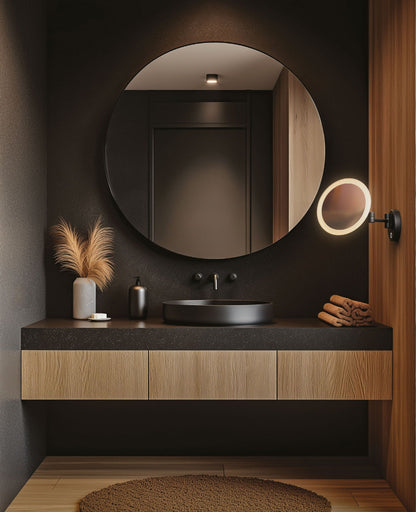 Origins Living Sloane Round LED Magnifying Mirror in a bathroom setting