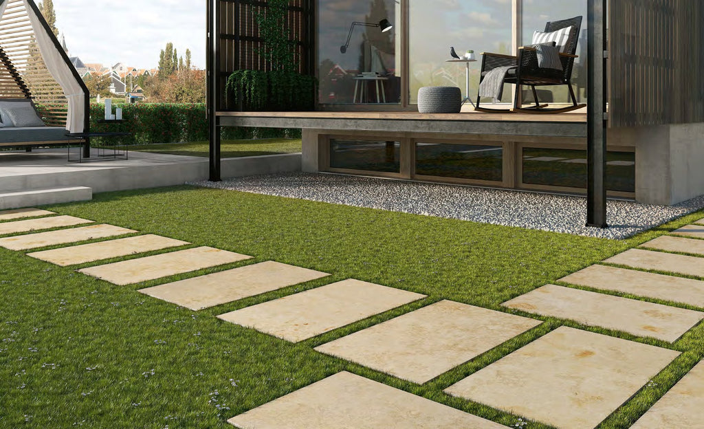 Coem Pietra Jura Beige gresX2 20mm outdoor porcelain paving, laid installation