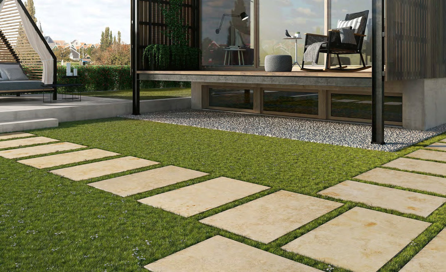 Coem Pietra Jura Beige gresX2 20mm outdoor porcelain paving, laid installation