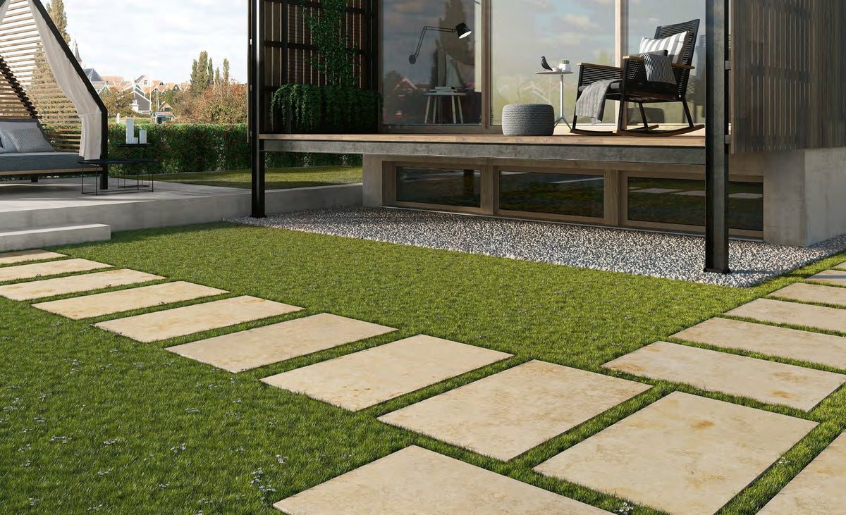 Coem Pietra Jura Beige gresX2 20mm outdoor porcelain paving, laid installation