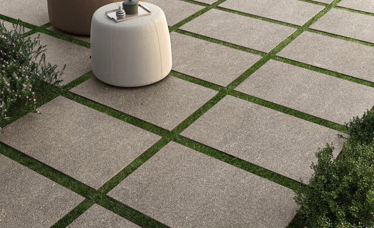 Coem Porfirica Grey gresX2 20mm outdoor porcelain paving, laid installation