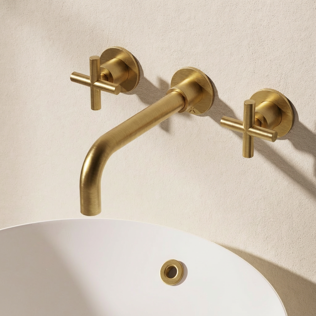Crosswater MPRO Crosshead 3 Hole Wall Basin Tap Brushed Brass