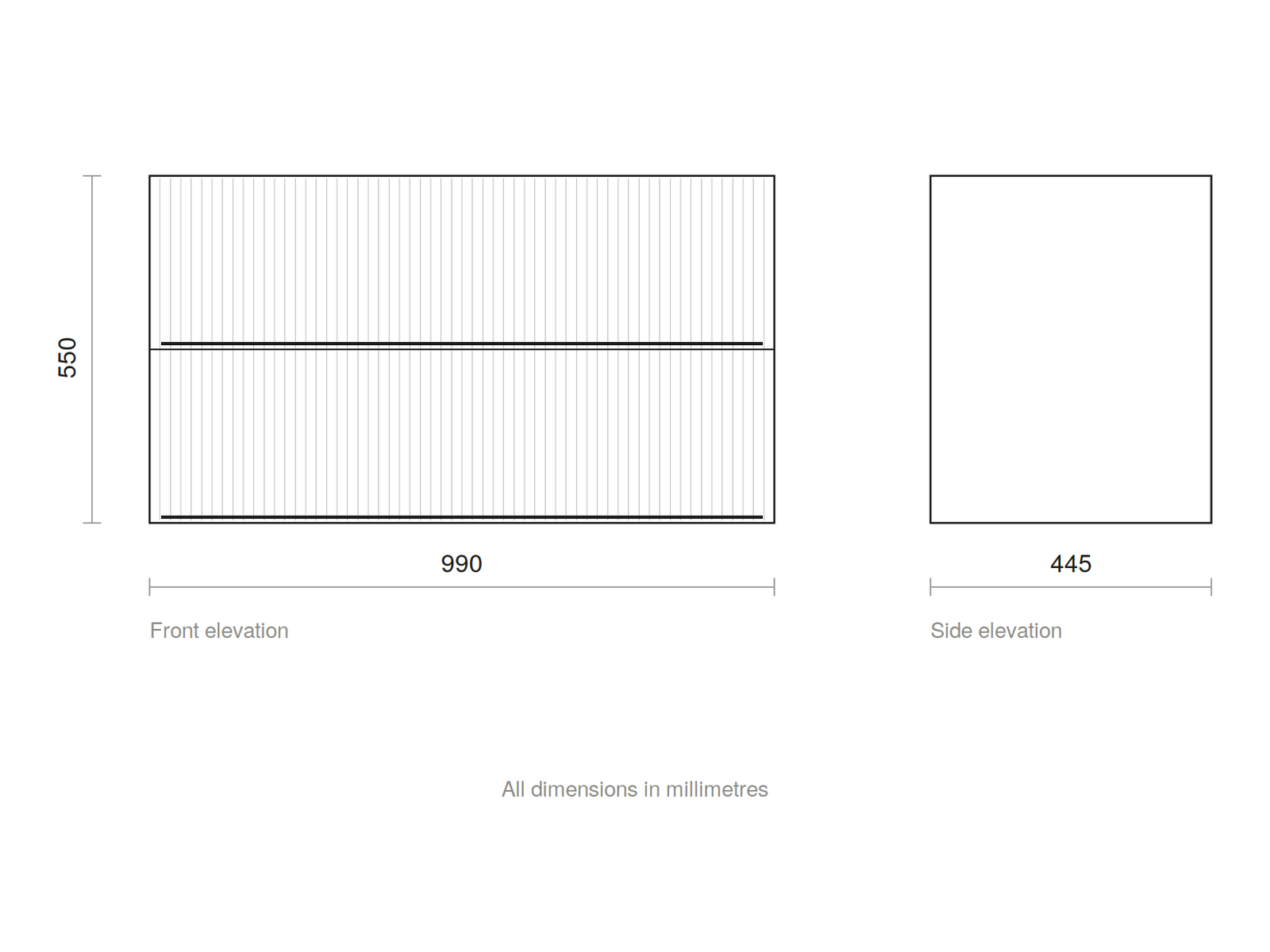 GSI Pura Ribbed 102 two drawer unit dimensioned drawing, 990 x 445 x 550 mm
