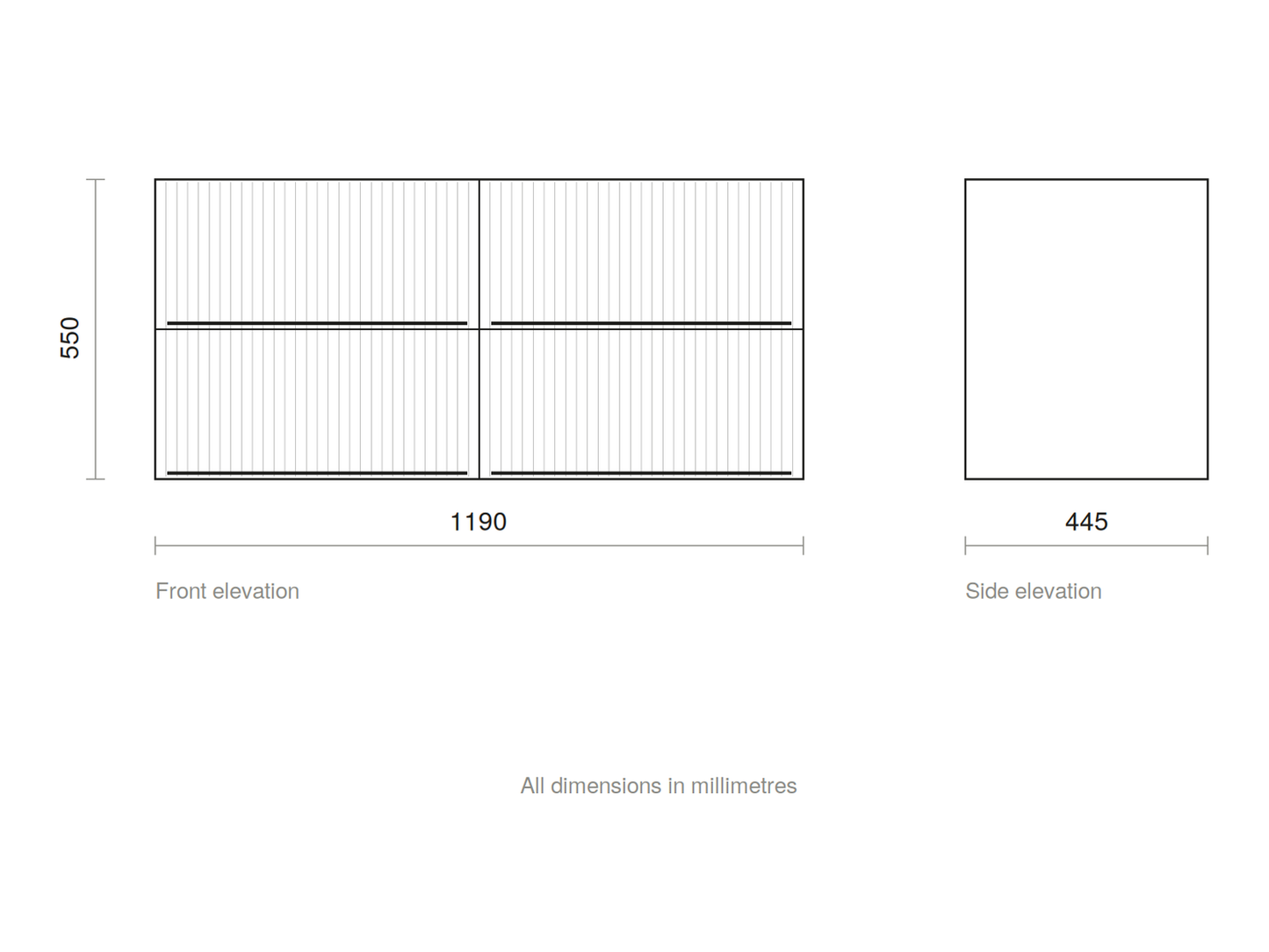 GSI Pura Ribbed 122 four drawer unit dimensioned drawing, 1190 x 445 x 550 mm