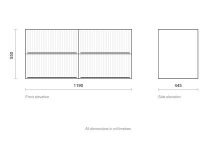 GSI Pura Ribbed 122 four drawer unit dimensioned drawing, 1190 x 445 x 550 mm