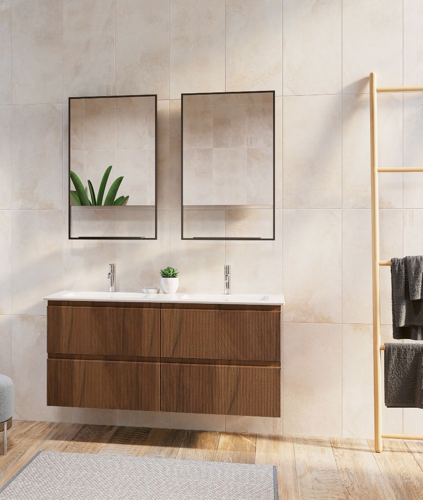 GSI Pura ribbed four drawer unit in walnut, bathroom setting