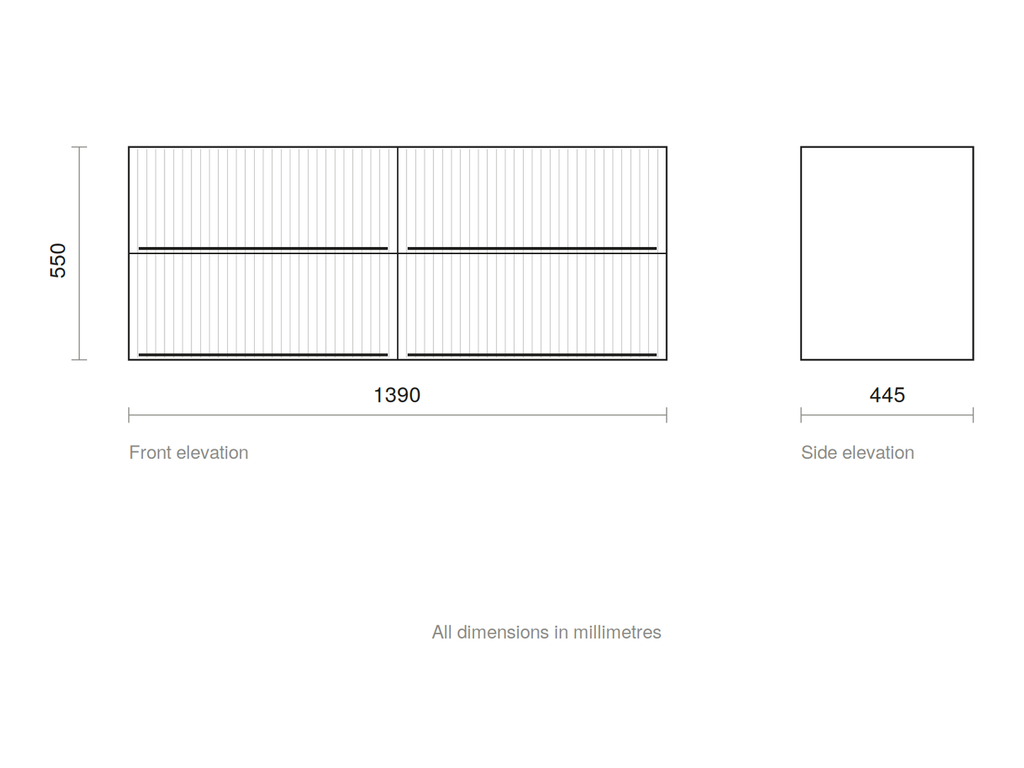 GSI Pura Ribbed 142 four drawer unit dimensioned drawing, 1390 x 445 x 550 mm