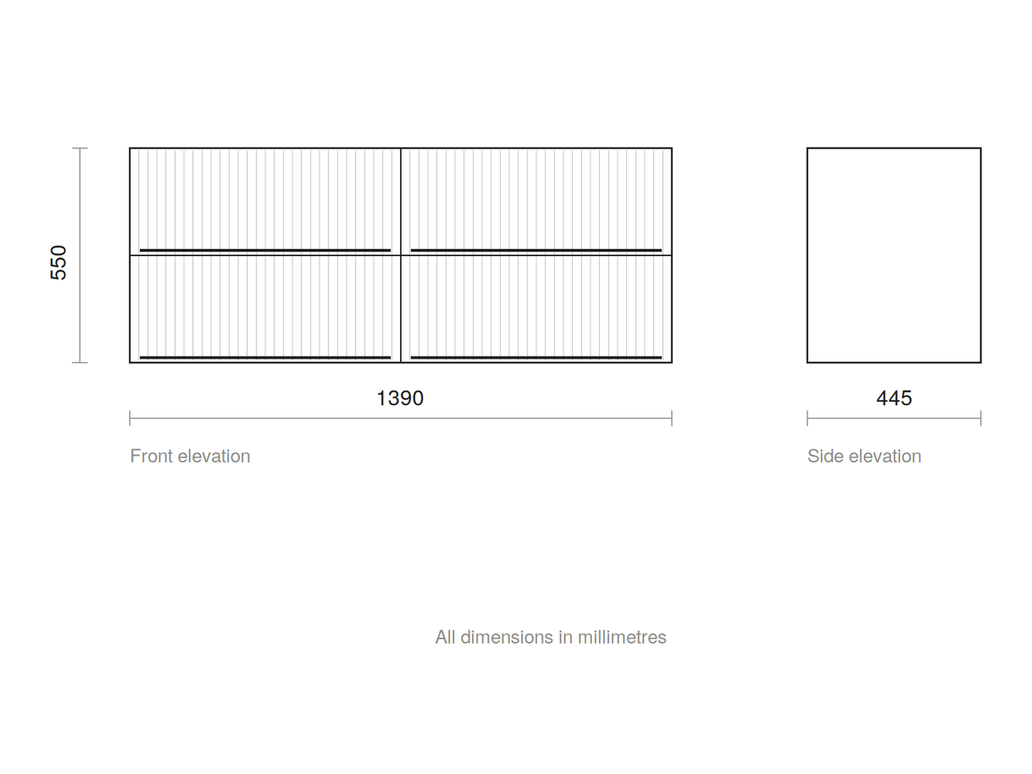 GSI Pura Ribbed 142 four drawer unit dimensioned drawing, 1390 x 445 x 550 mm