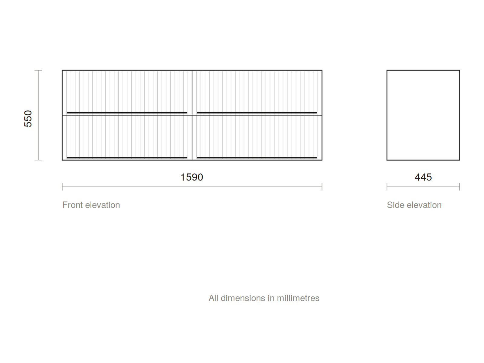 GSI Pura Ribbed 162 four drawer unit dimensioned drawing, 1590 x 445 x 550 mm