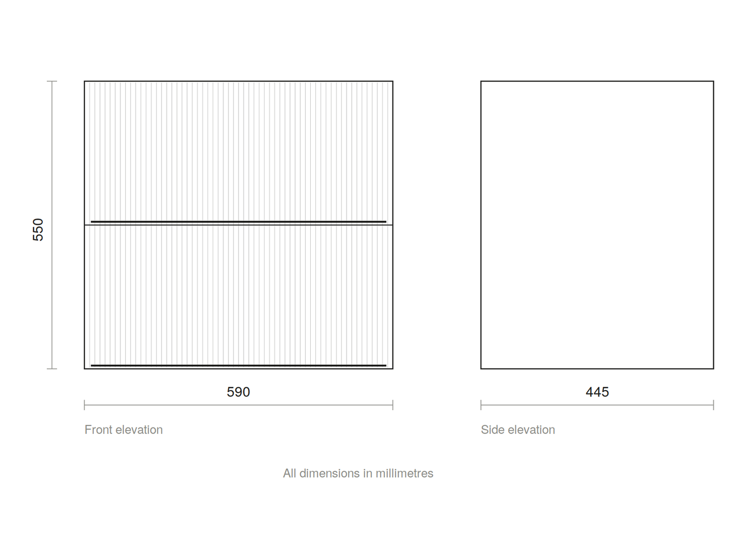 GSI Pura Ribbed 62 two drawer unit dimensioned drawing, 590 x 445 x 550 mm