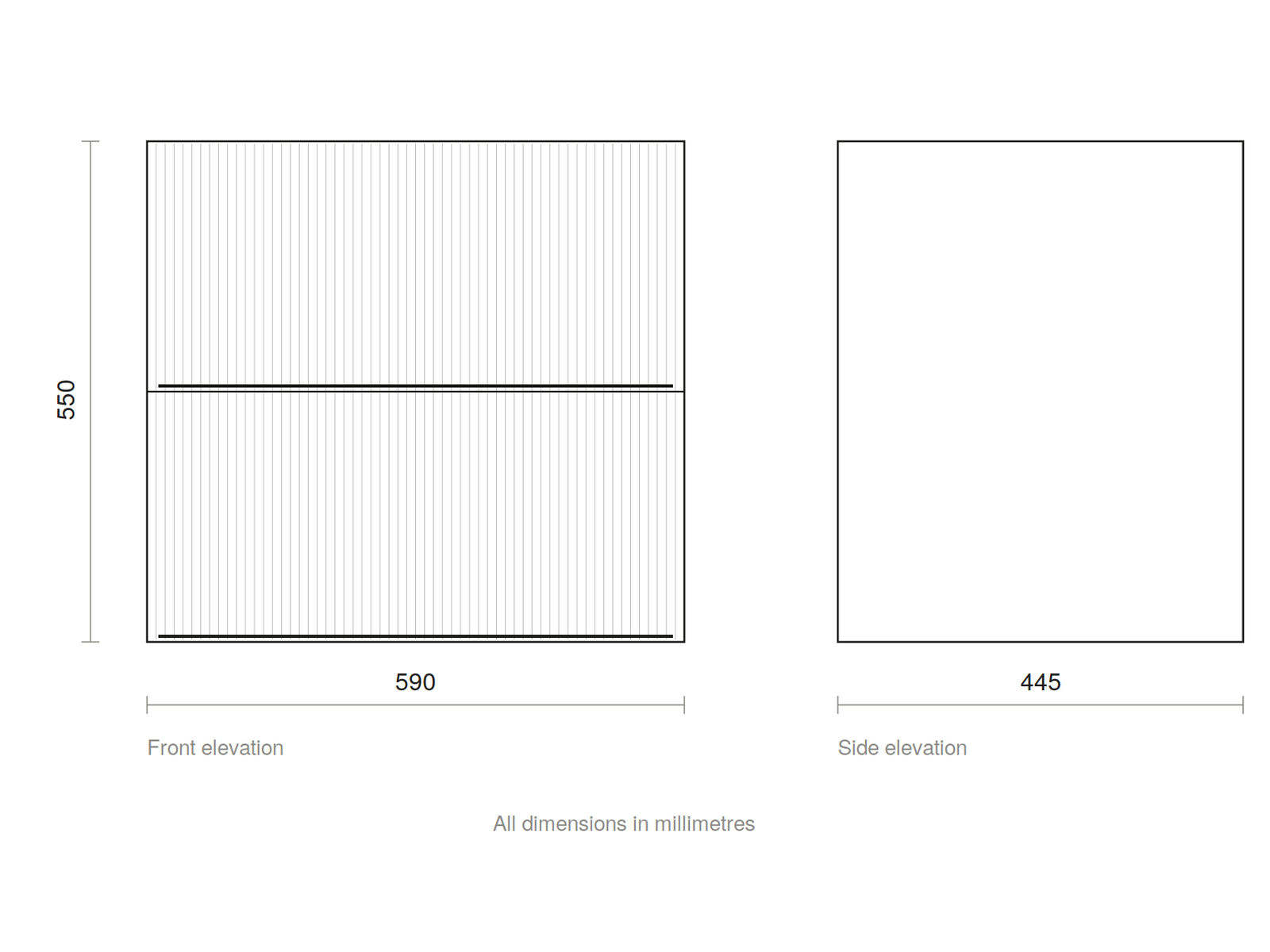 GSI Pura Ribbed 62 two drawer unit dimensioned drawing, 590 x 445 x 550 mm