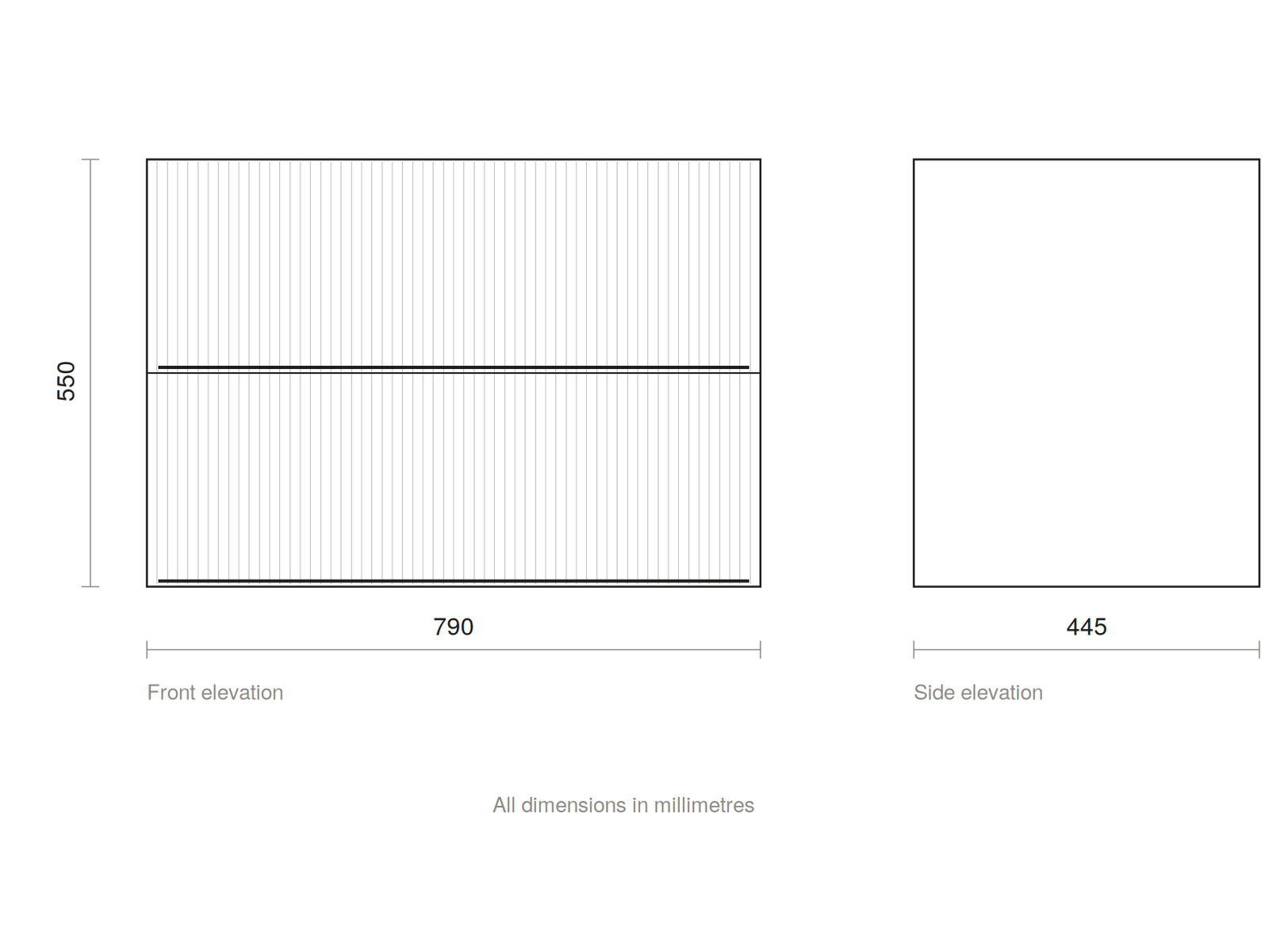GSI Pura Ribbed 82 two drawer unit dimensioned drawing, 790 x 445 x 550 mm