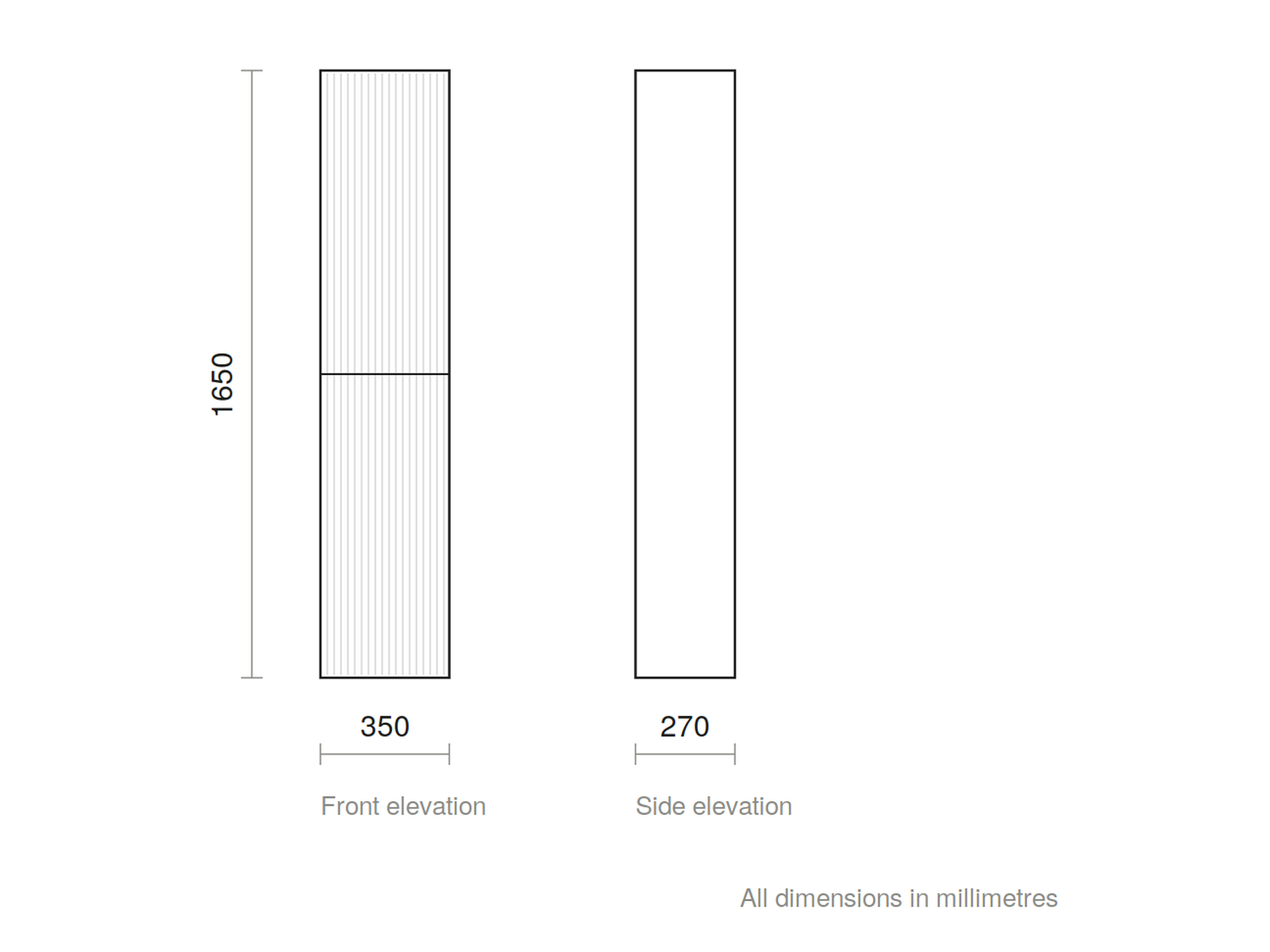 GSI Pura Ribbed tall wall unit dimensioned drawing, 350 x 270 x 1650 mm