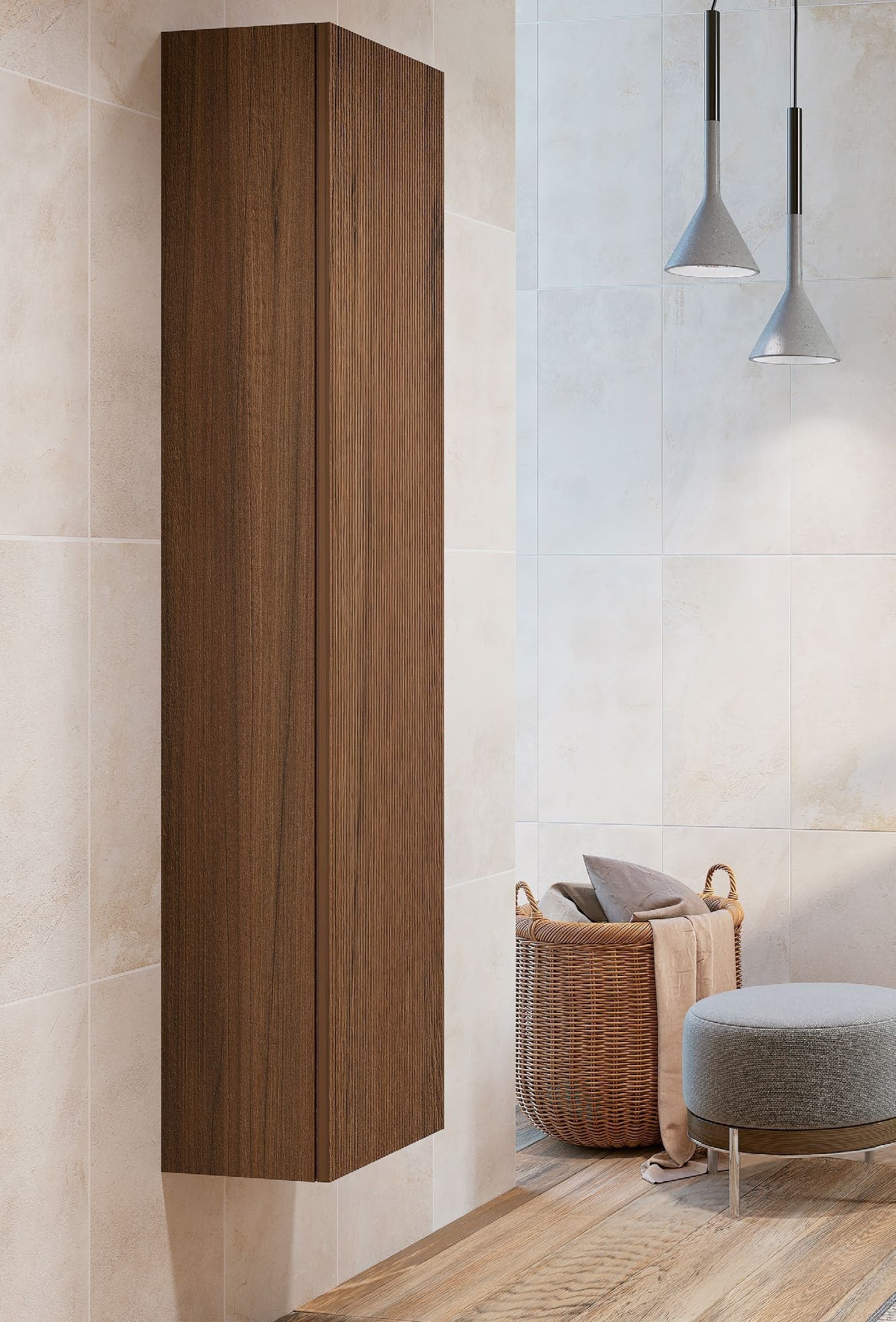 GSI Pura ribbed tall wall unit in walnut, bathroom setting