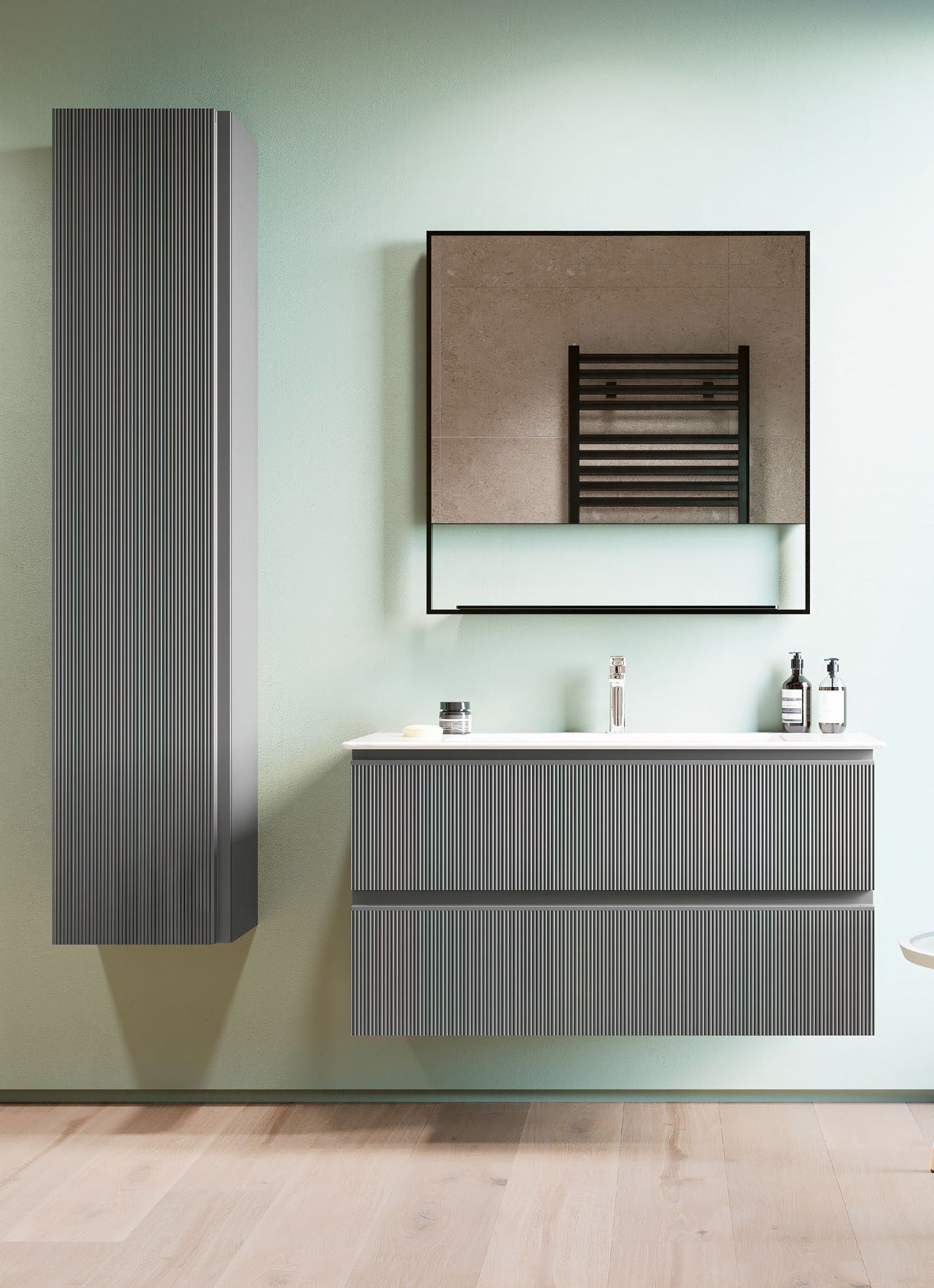 GSI Pura ribbed tall wall unit and vanity unit in matt sage