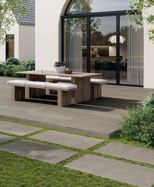 Coem Remixed Warm Grey gresX2 20mm outdoor porcelain paving, laid installation