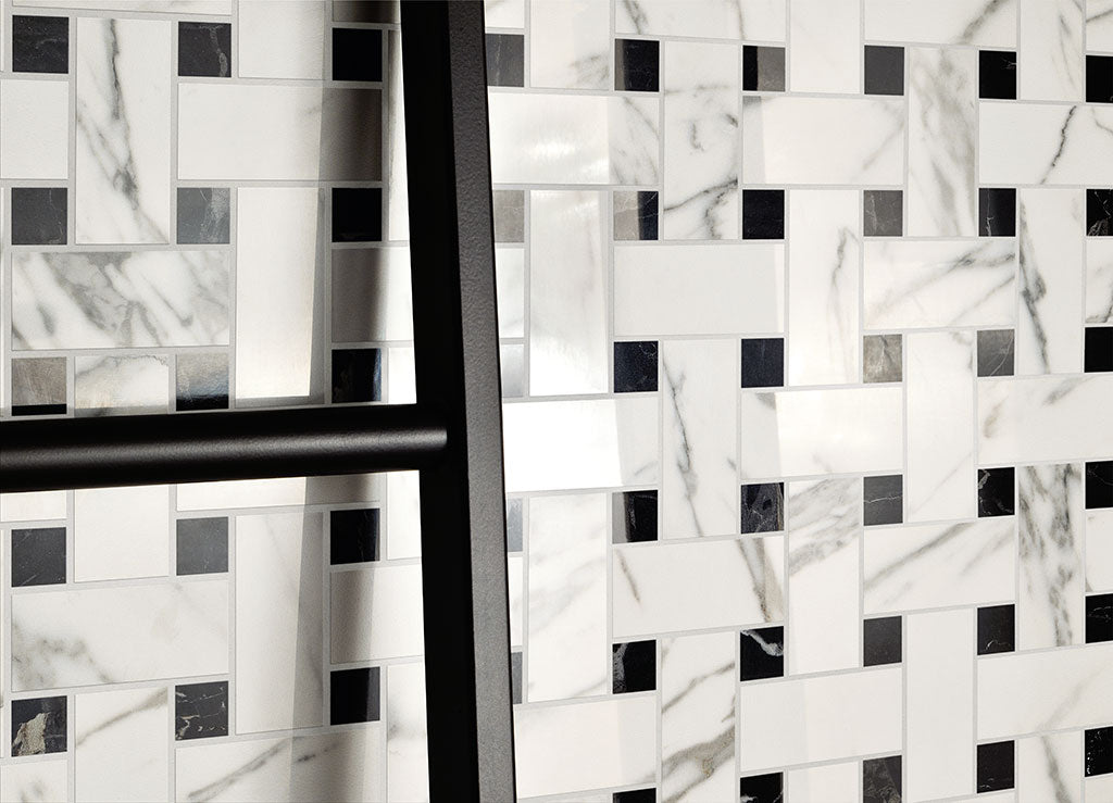 Fioranese Prestige Mosaico Weave in Statuarietto and Portoro Effect wall lifestyle