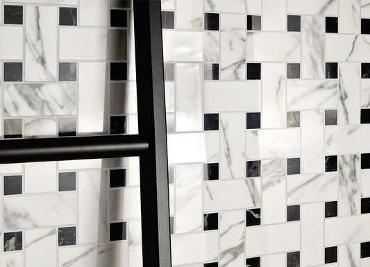 Fioranese Prestige Mosaico Weave in Statuarietto and Portoro Effect wall lifestyle