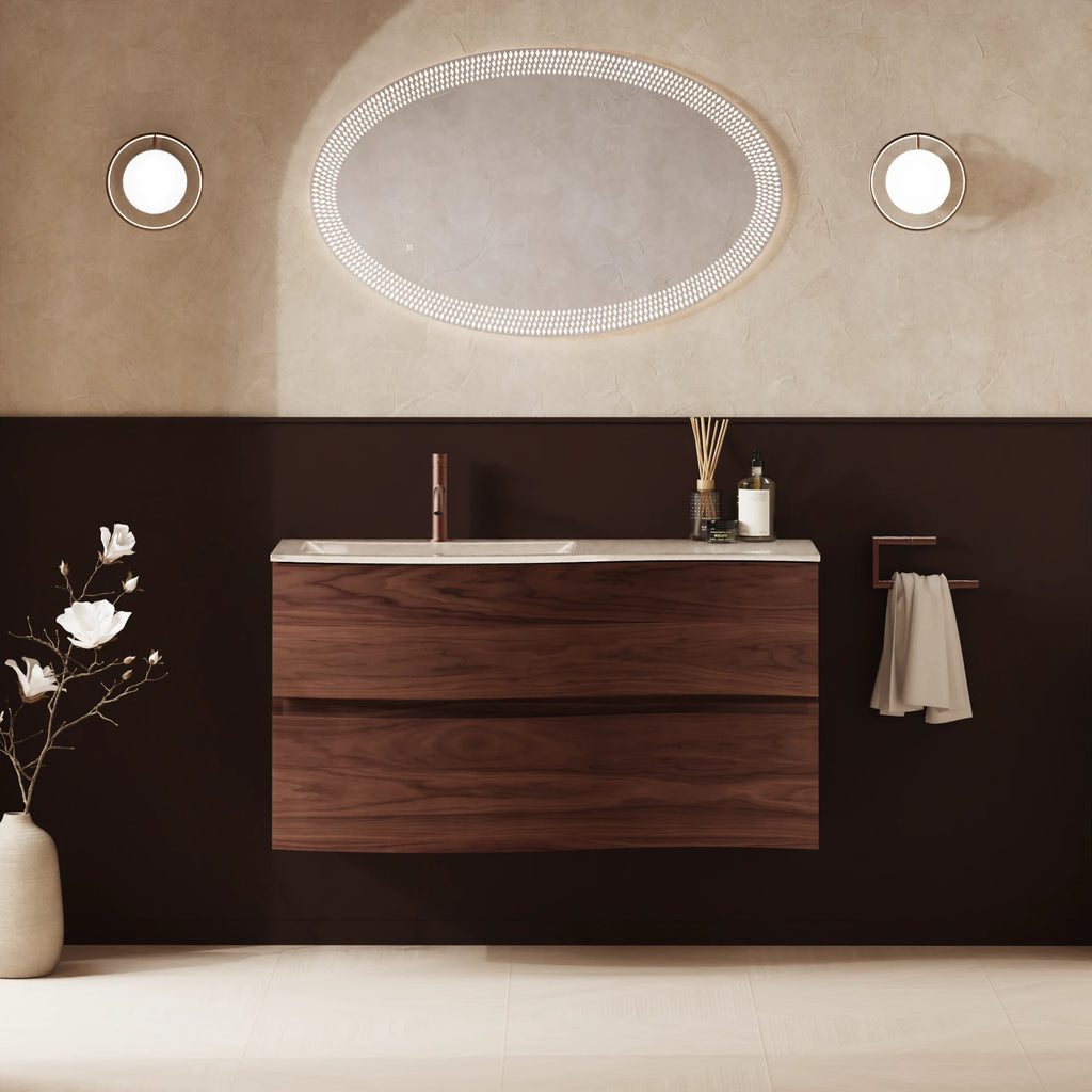 Crosswater Svelte 1000 Double Drawer Unit with Basin in American Walnut with Ice White Glass basin
