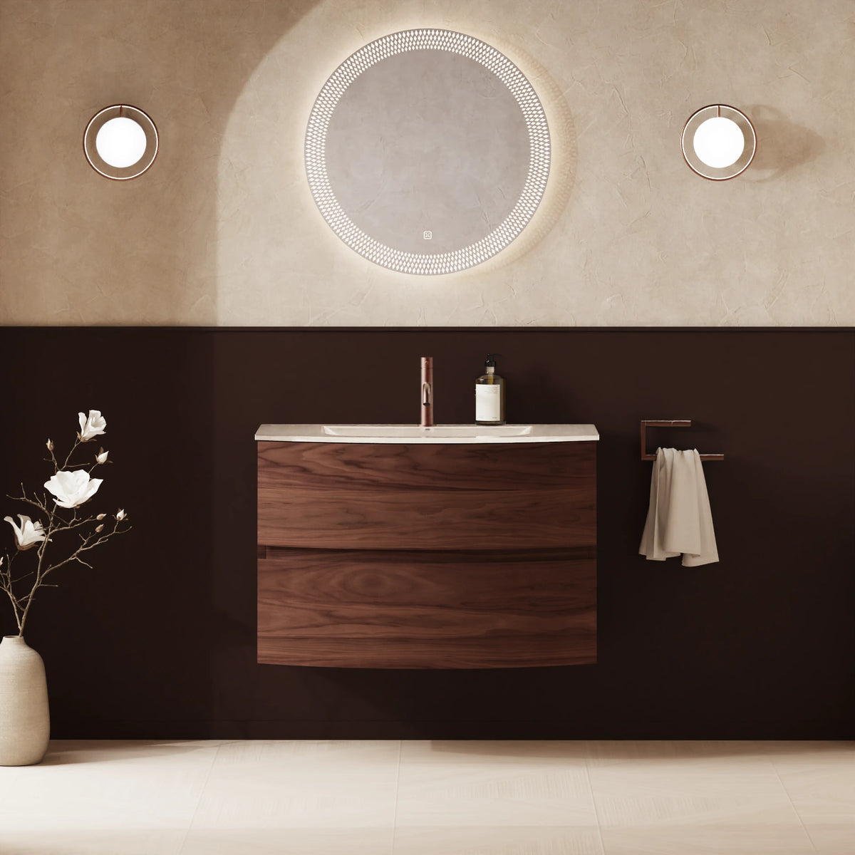 Crosswater Svelte 800 Double Drawer Unit with Basin in American Walnut with Ice White Glass basin