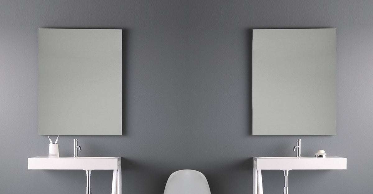 Origins Living Slim Rectangular Mirror in a bathroom setting