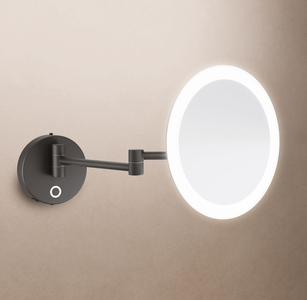 Origins Living Sloane Round LED Magnifying Mirror in a bathroom setting